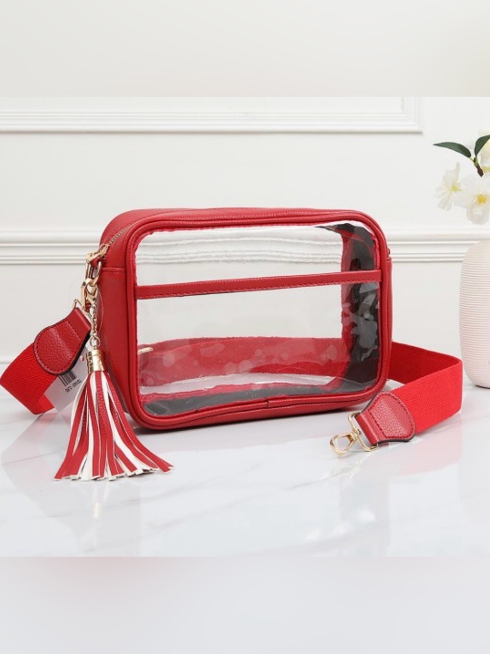 Red Clear Crossbody Bag with Leather Walls and Detachable Tassel